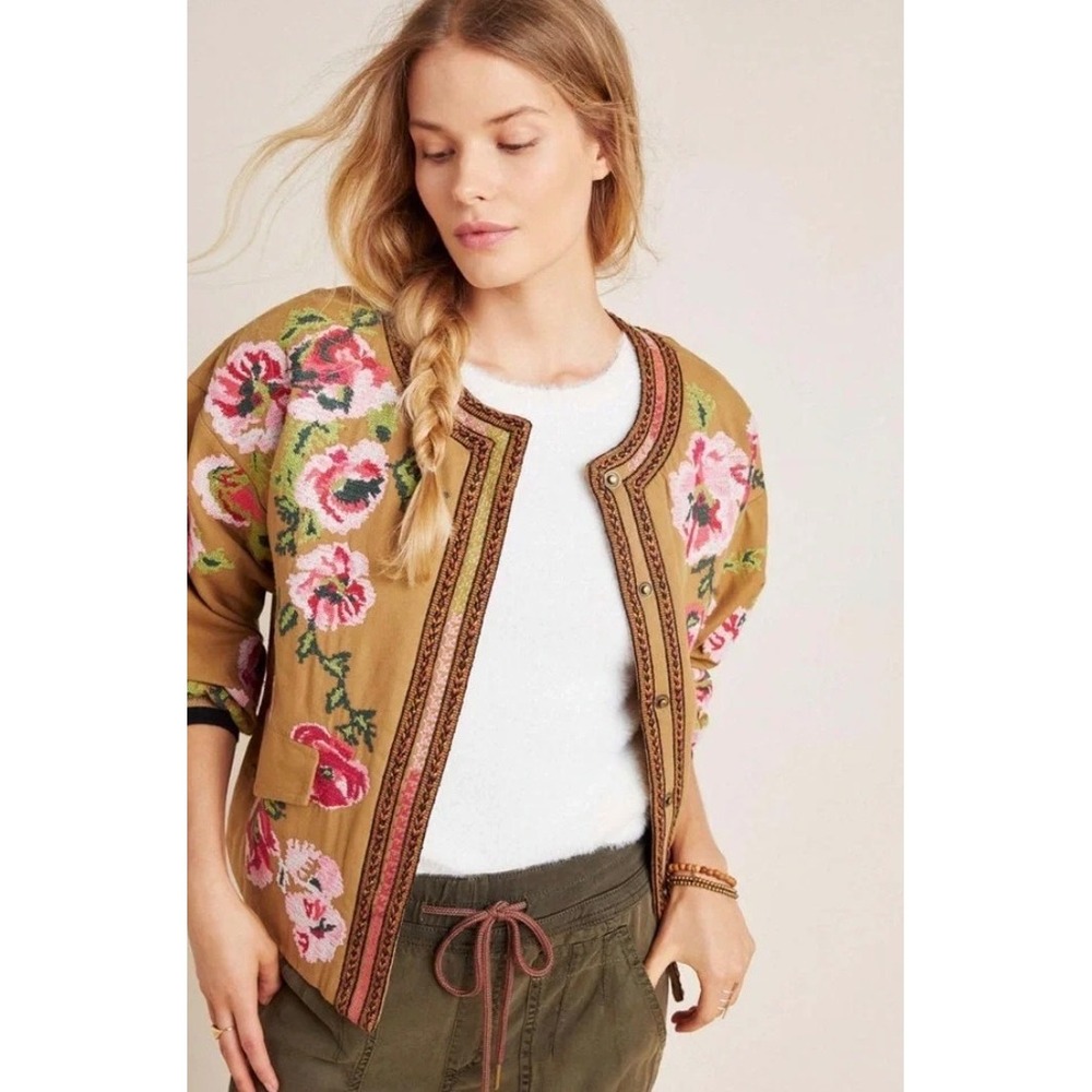 Anthropologie Embroidered Floral Quilted Bomber Jacket Brown Pink Small